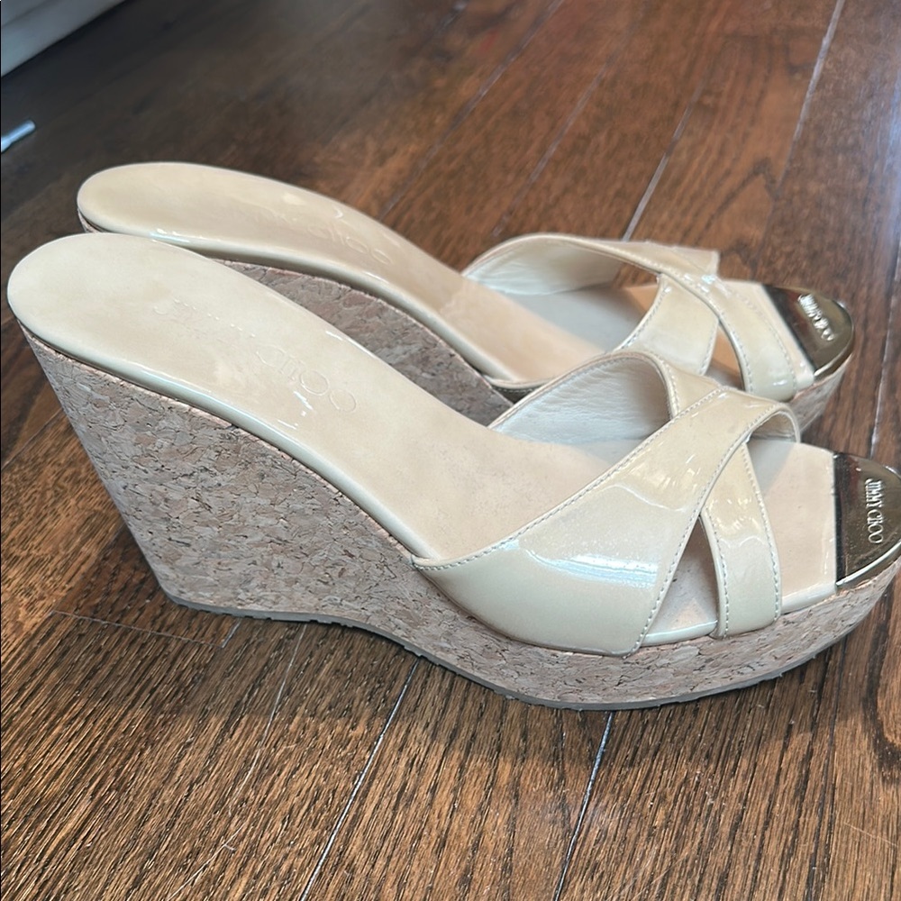 Jimmy Choo Cream Wedge Sandals with Peep-Toe Design